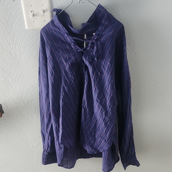 Free People Men's Deep Blue Striped Shirt - Picture 1 of 6